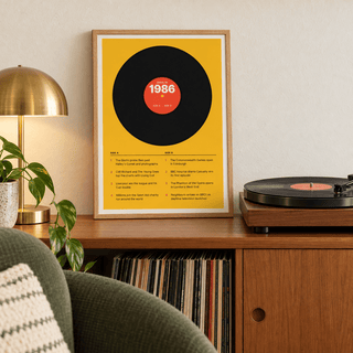 Retro 1986 print with a two sided tracklist in a bright home interior
