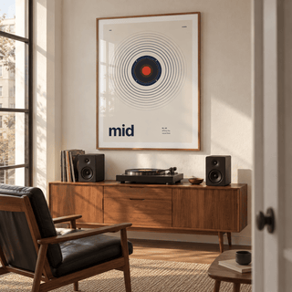 Swiss style mid speaker print in a mid century listening room
