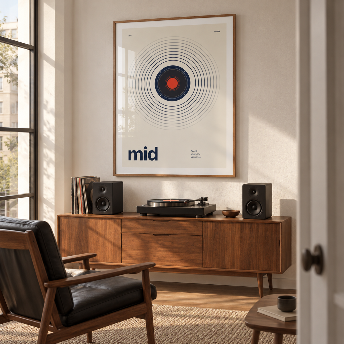 Swiss style mid speaker print in a mid century listening room