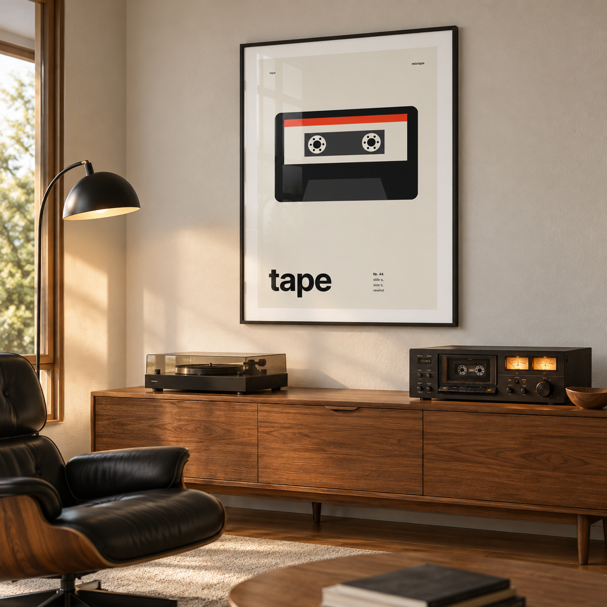 Swiss style mixtape print in a mid century listening room