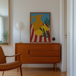 Cut paper lemons and green sprig print above a mid century sideboard in a hallway
