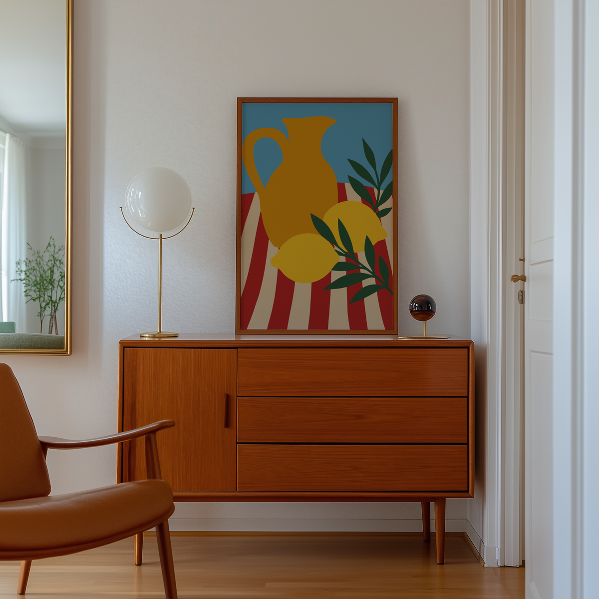 Cut paper lemons and green sprig print above a mid century sideboard in a hallway