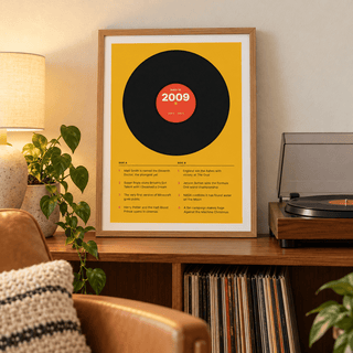 Retro 2009 print with a two sided tracklist in a bright home interior