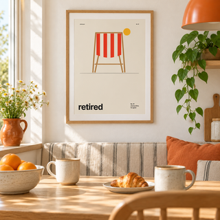 Swiss style retired print above a breakfast table in a family kitchen
