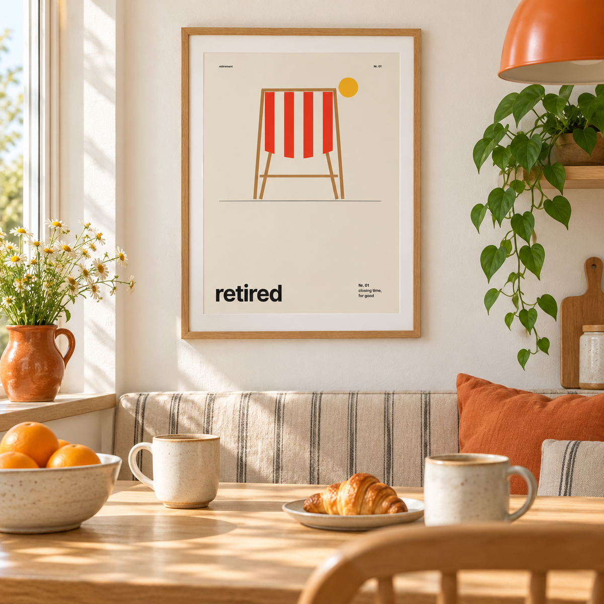 Swiss style retired print above a breakfast table in a family kitchen