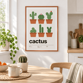 Swiss style cactus print above a breakfast table in a bright kitchen
