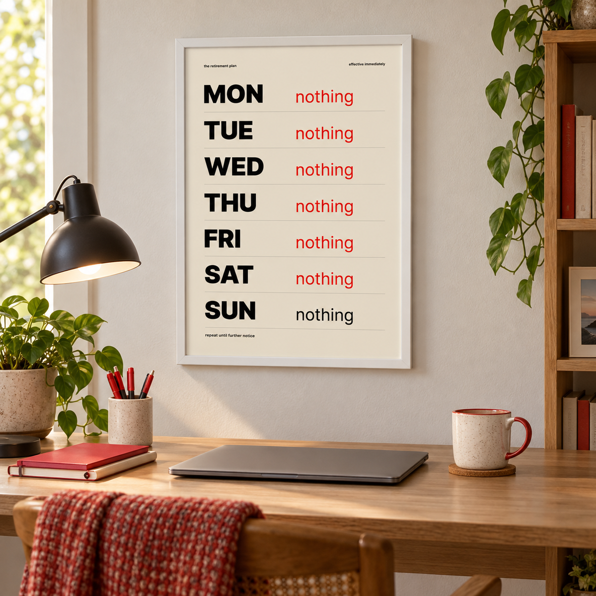 Funny retirement plan print above a tidy workspace in a home office