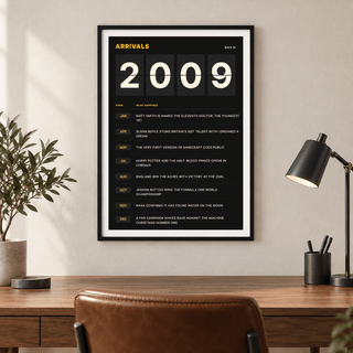 Black and amber 2009 birth year board print in a bright home interior