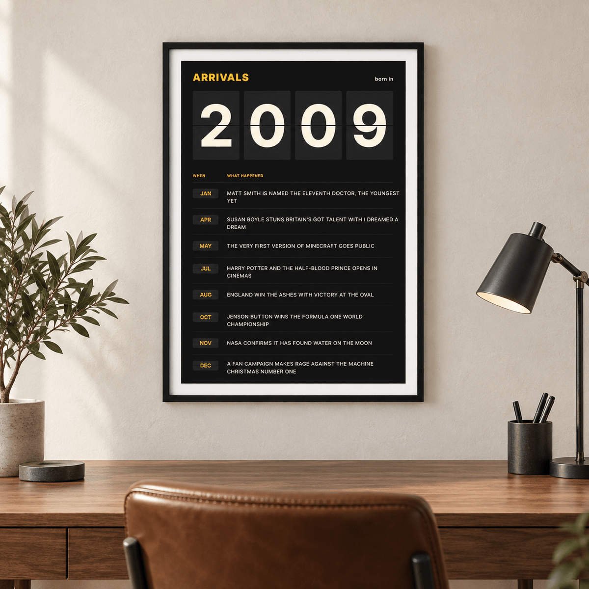 Black and amber 2009 birth year board print in a bright home interior