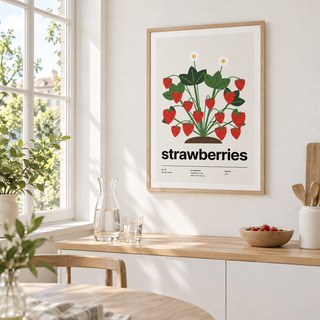 Swiss style strawberries print above a counter in a bright kitchen