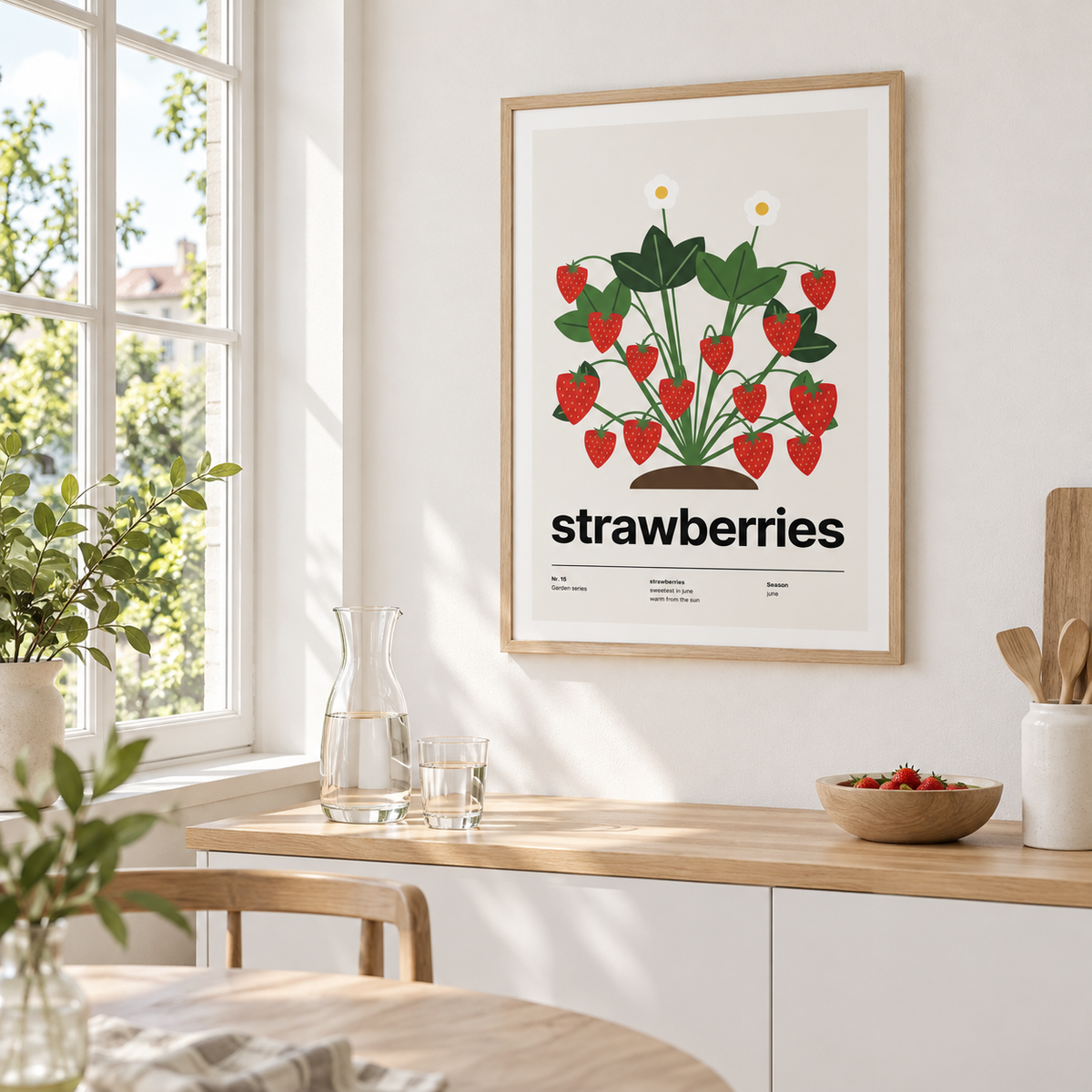 Swiss style strawberries print above a counter in a bright kitchen