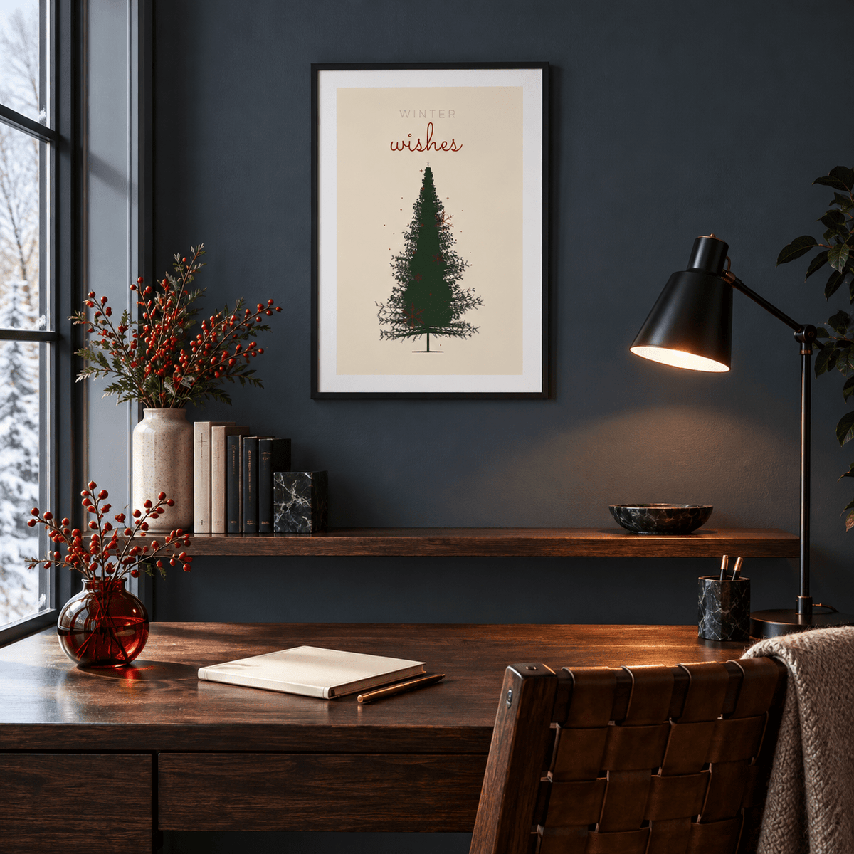 Cream and green Christmas tree print in a charcoal home office at Christmas