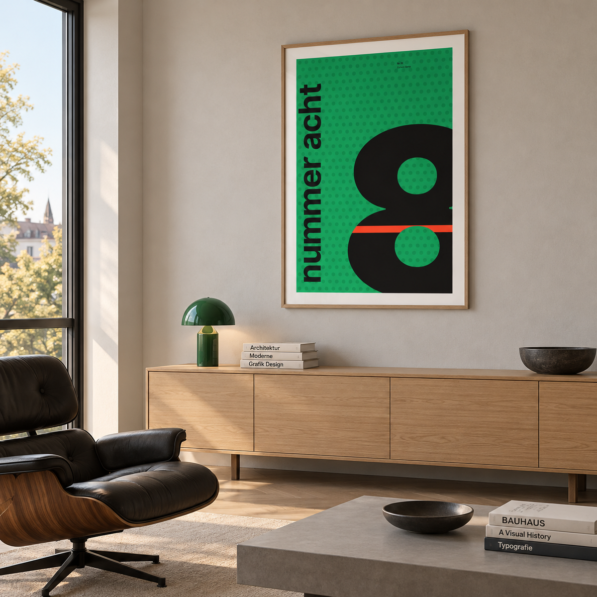 Swiss style number poster above a sofa in a living room