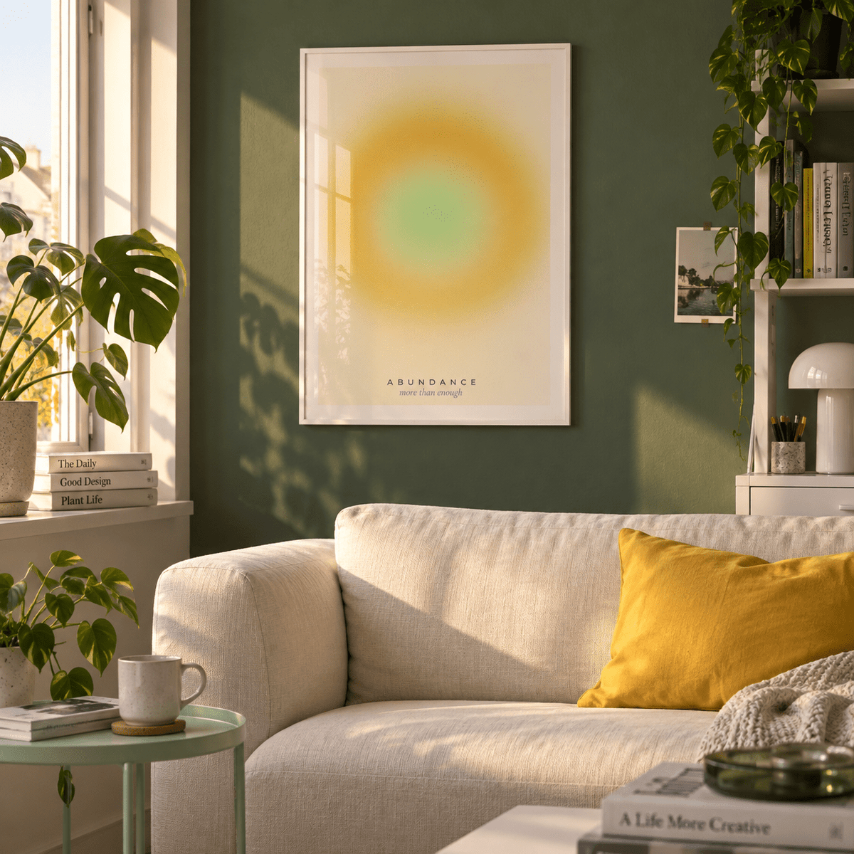 Warm yellow gradient print in a studio lounge against a forest green wall
