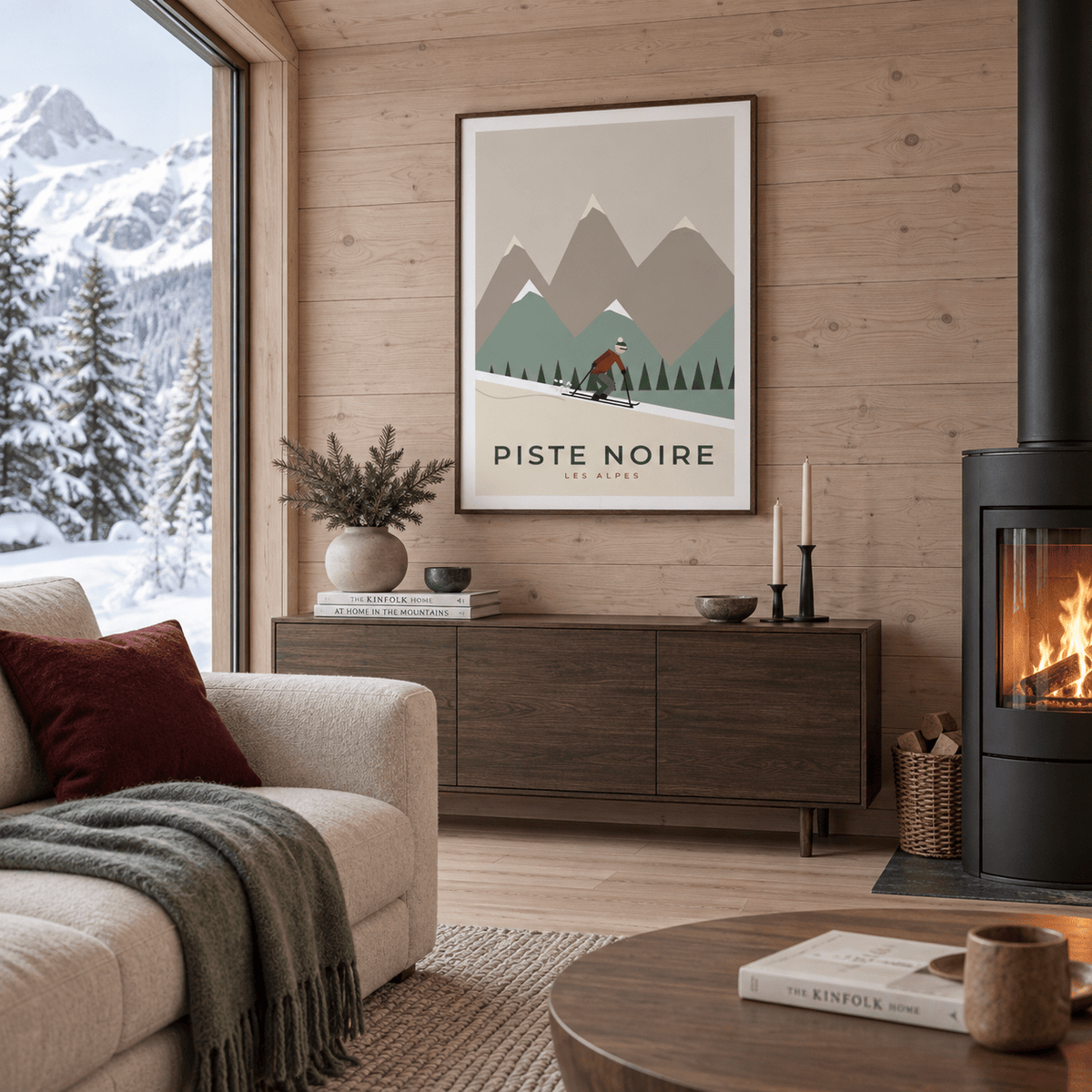 Les Alpes ski print in a chalet living room at Christmas