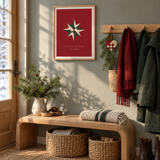 Red and green star print in an entryway at Christmas