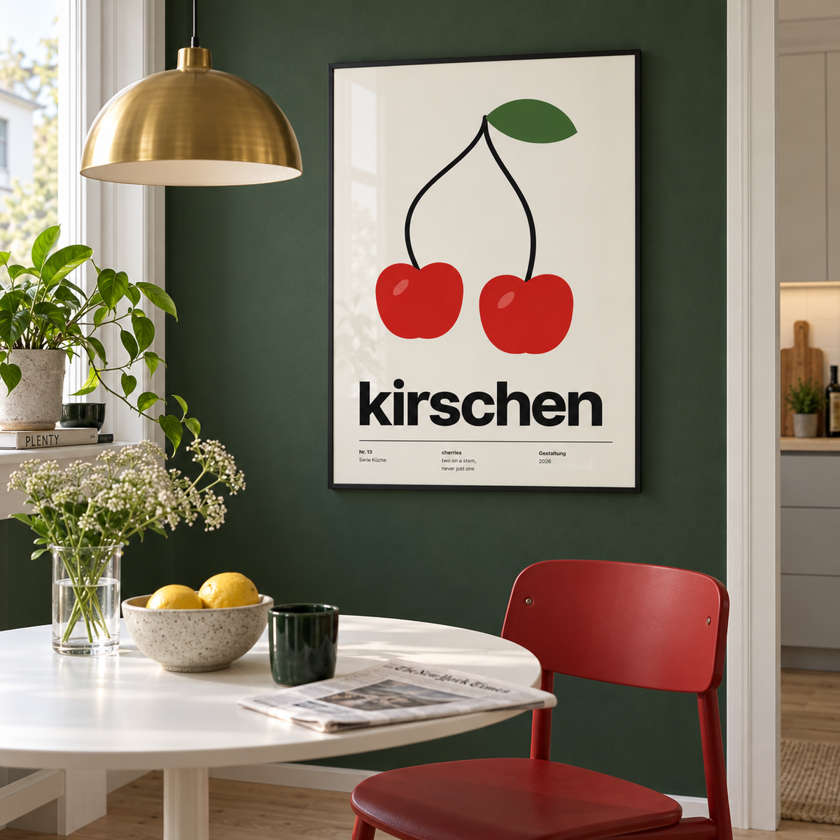 Swiss style cherry typography print in a dining against a forest green wall