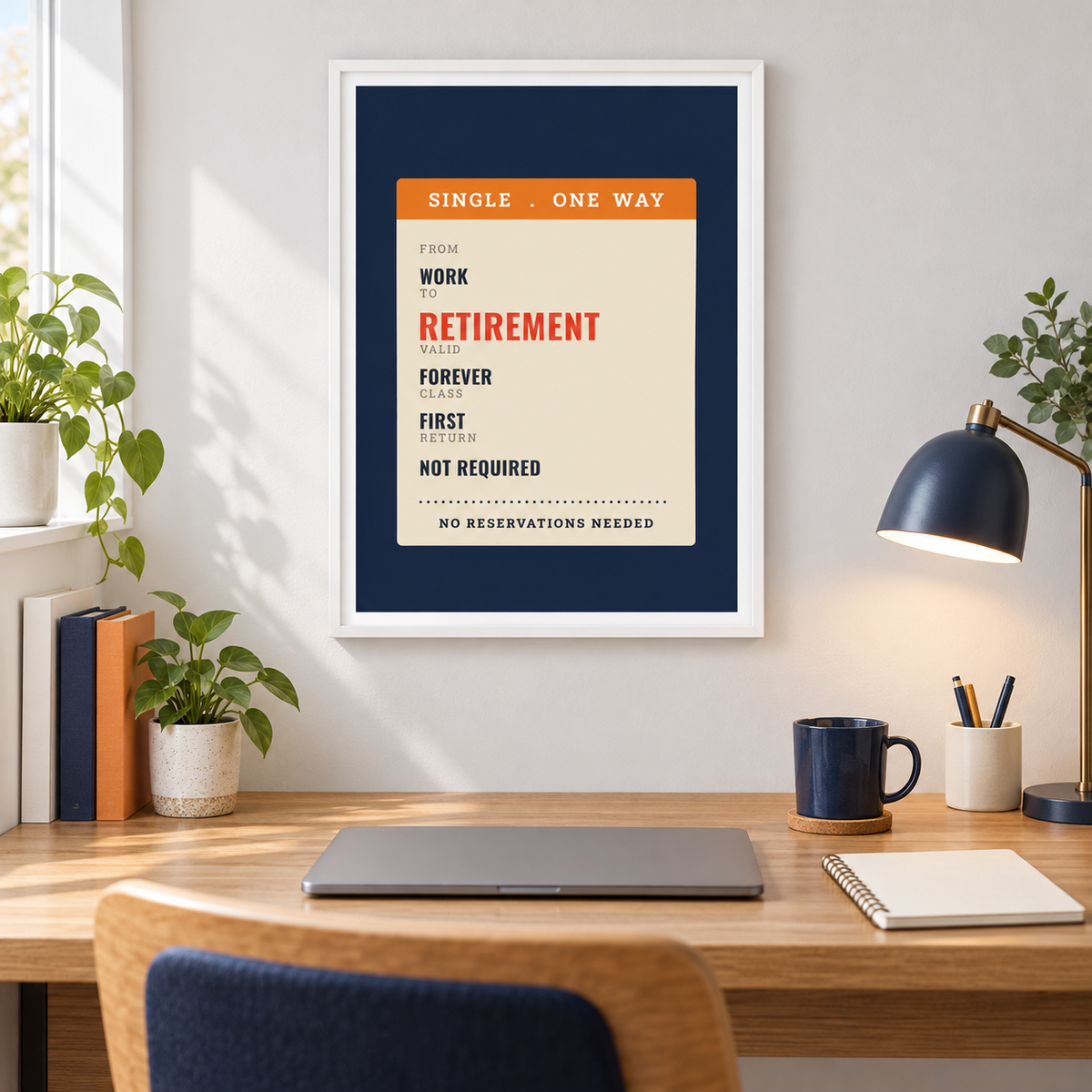 Navy and cream ticket print above a desk in a quiet home study