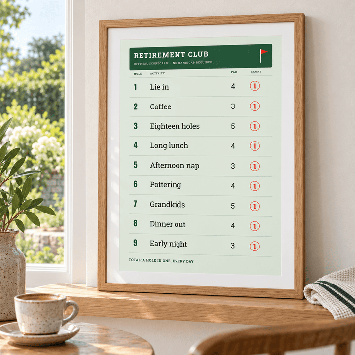 Funny golf retirement print on a ledge above a breakfast table
