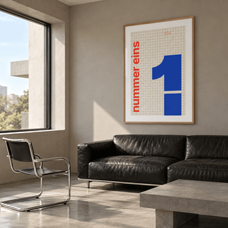 Swiss style number poster above a sofa in a living room