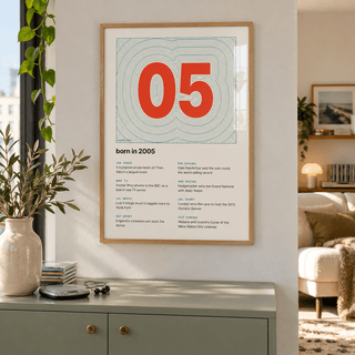 Topographic 2005 birth year print on cream in a bright home interior