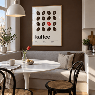 Dark coffee beans with one red bean print in a chocolate breakfast room