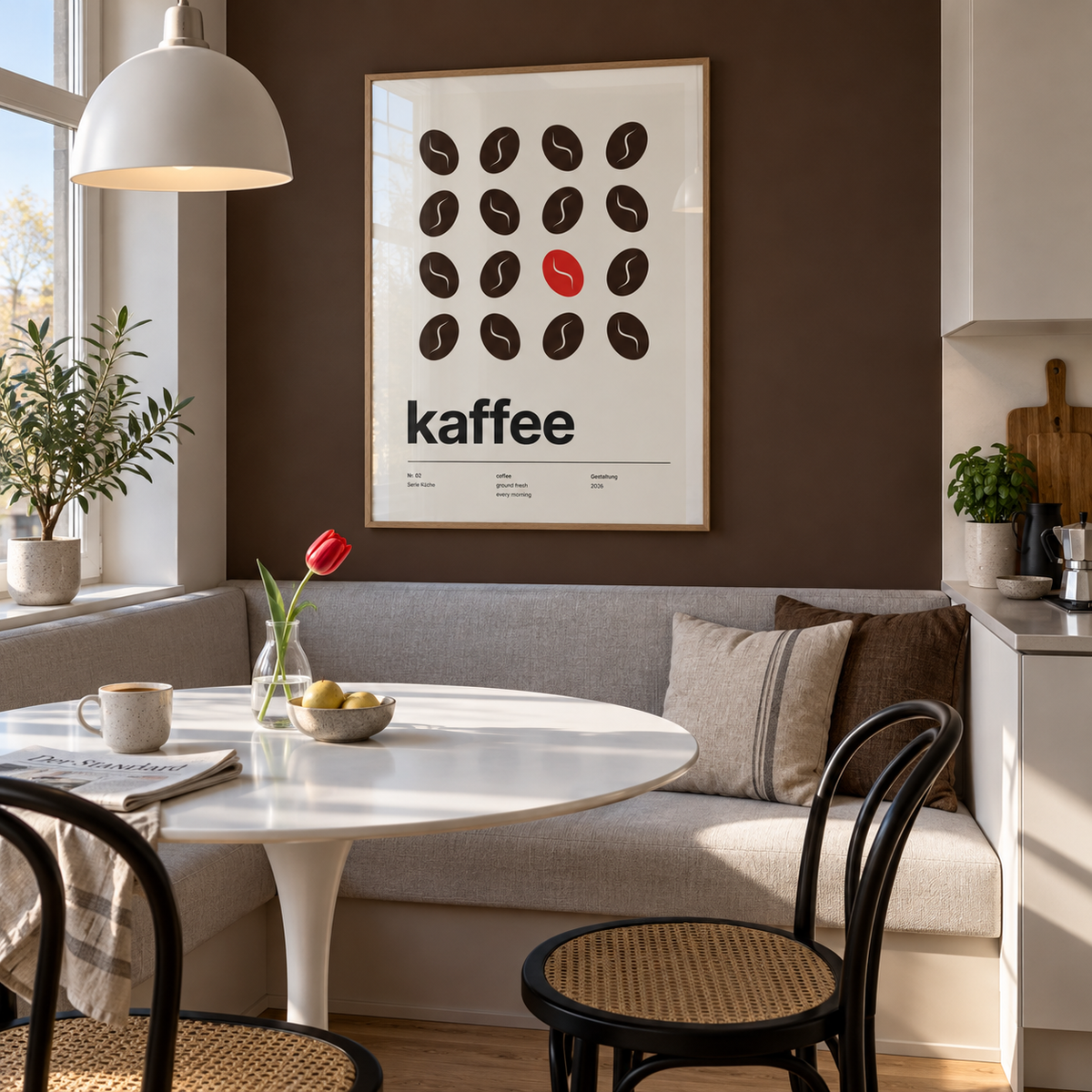 Dark coffee beans with one red bean print in a chocolate breakfast room