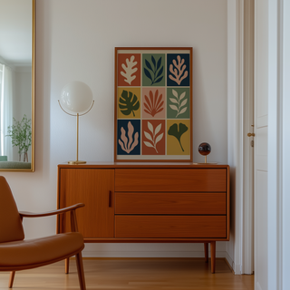 Oak, monstera and ginkgo leaf print above a mid century sideboard in a hallway