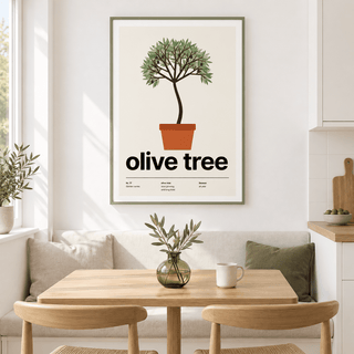 Swiss style olive tree print above a dining table in a bright room
