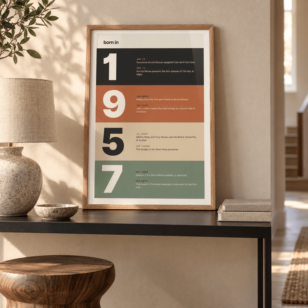 Stacked year print of 1957 in warm earth tones in a bright home interior