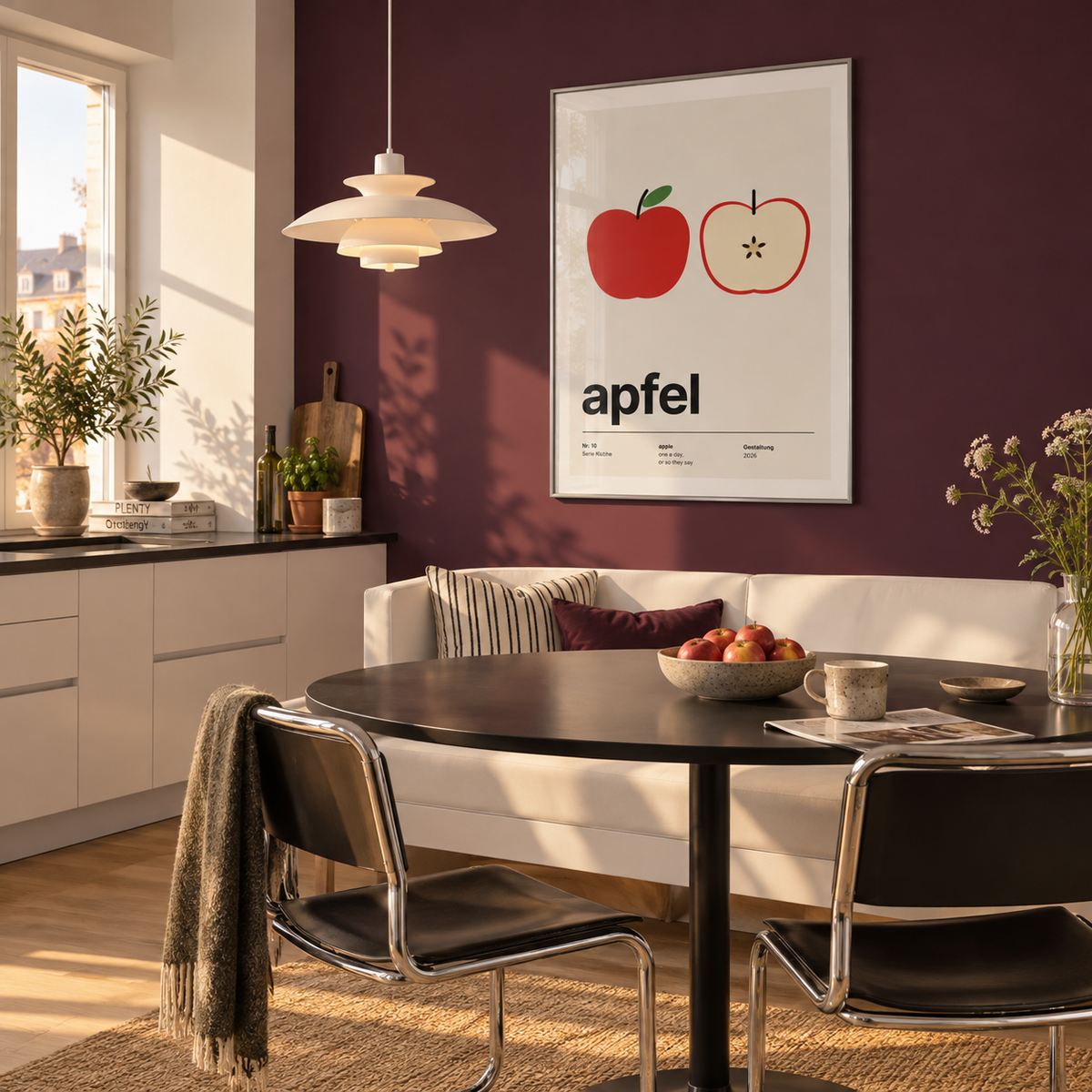Swiss style apple typography print in a dining room against a plum wall