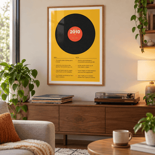 Retro 2010 print with a two sided tracklist in a bright home interior