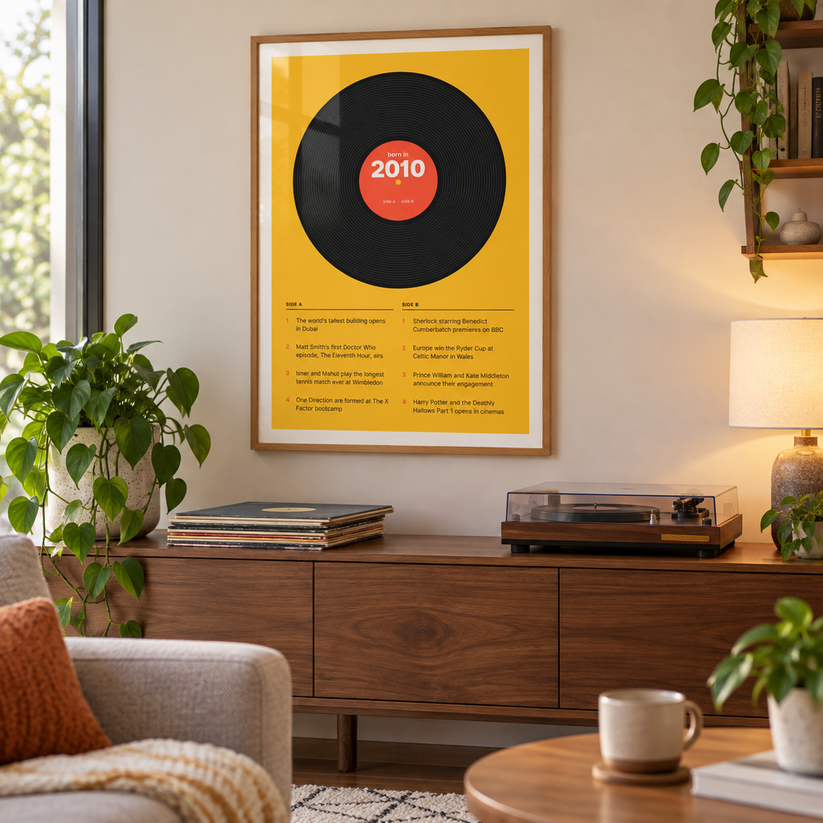 Retro 2010 print with a two sided tracklist in a bright home interior