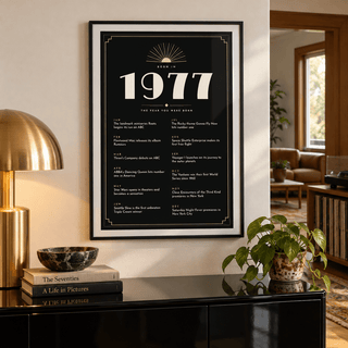 Glamorous 1977 print with twelve monthly moments in a bright home interior