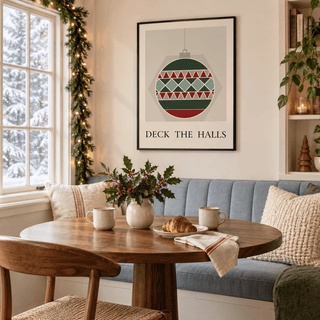 Red and green bauble print in a festive breakfast nook at Christmas