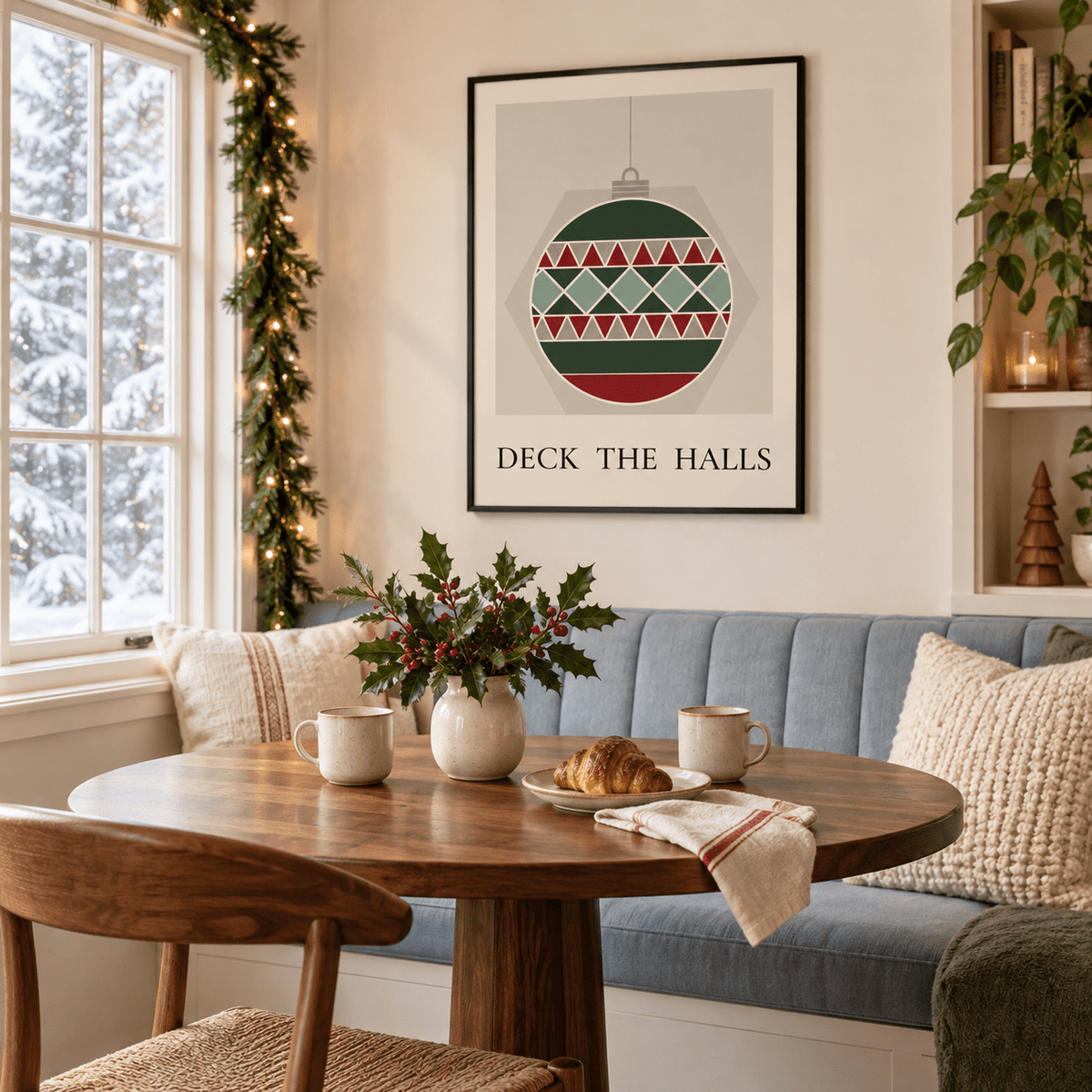 Red and green bauble print in a festive breakfast nook at Christmas