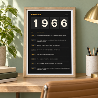 Black and amber 1966 birth year board print in a bright home interior