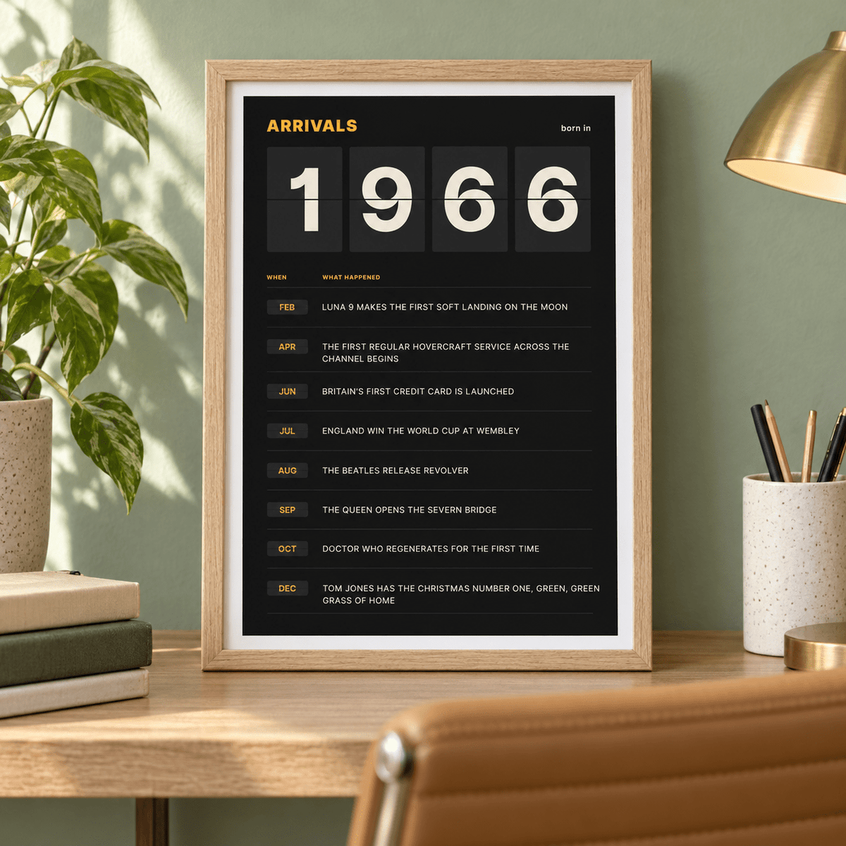 Black and amber 1966 birth year board print in a bright home interior