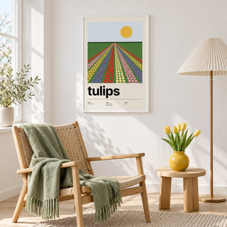 Swiss style tulip landscape print above an armchair in a cosy reading corner