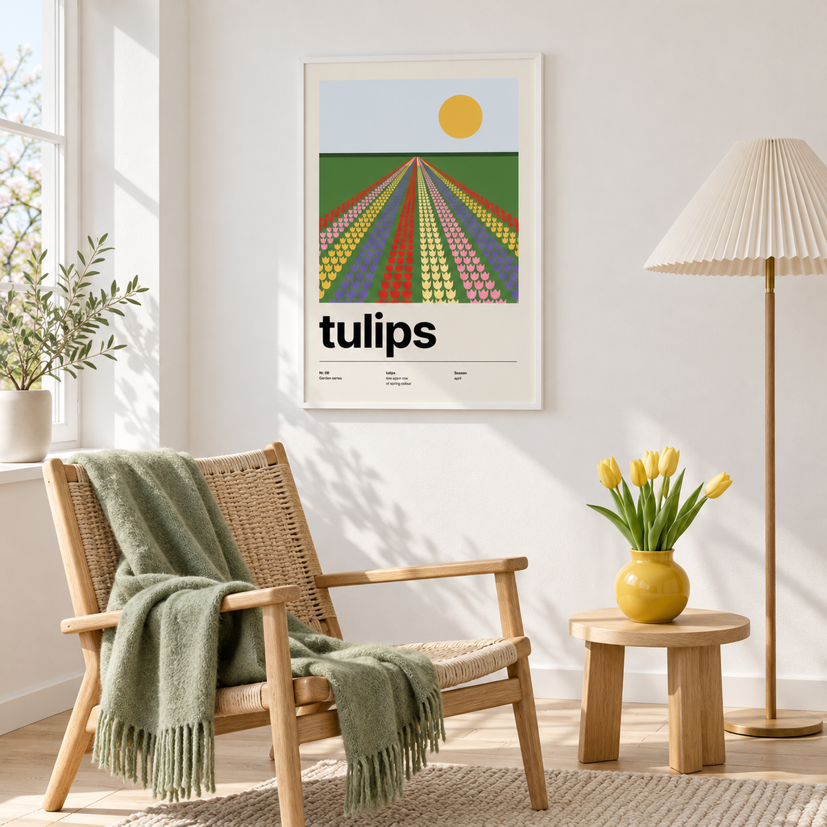 Swiss style tulip landscape print above an armchair in a cosy reading corner