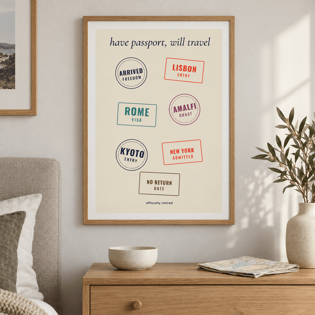 Have passport will travel print above the bed in a calm bedroom