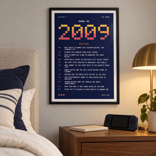 Retro gaming style 2009 birth year print in a bright home interior