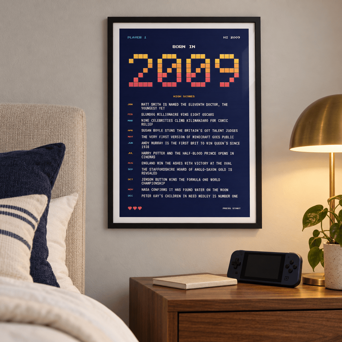 Retro gaming style 2009 birth year print in a bright home interior