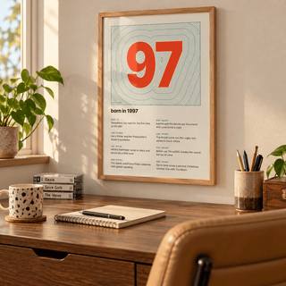 Topographic 1997 birth year print on cream in a bright home interior