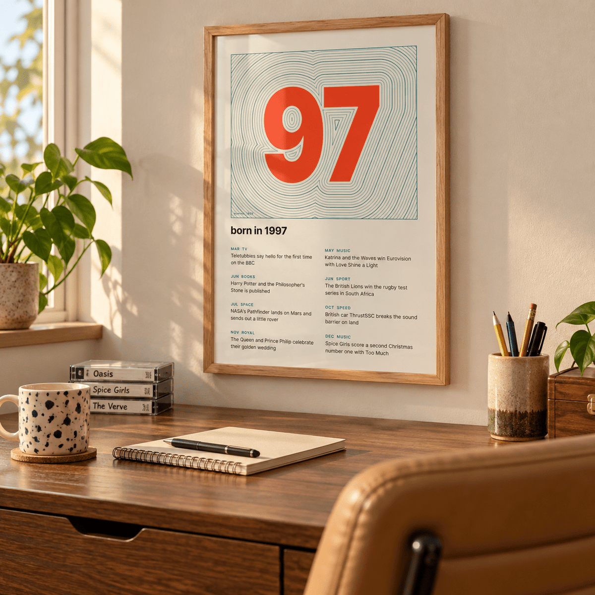 Topographic 1997 birth year print on cream in a bright home interior