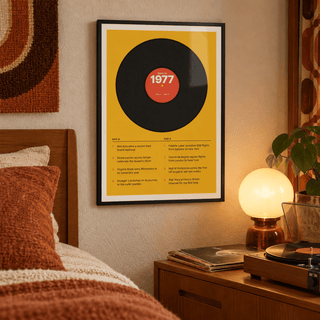 Retro 1977 print with a two sided tracklist in a bright home interior