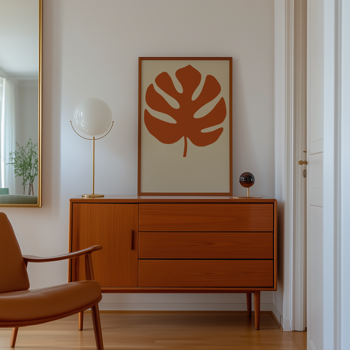 Cut paper cheese plant leaf print above a mid century sideboard in a hallway