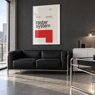 Raster system typography print above a sofa in a living room