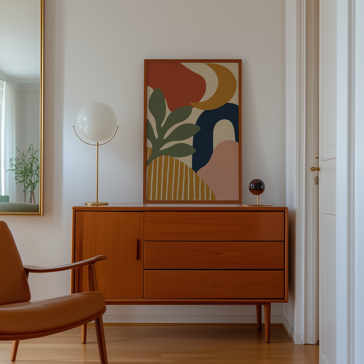 Abstract moon and sage leaf print above a mid century sideboard in a hallway