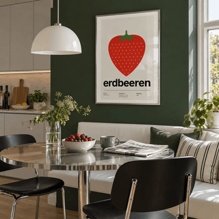 Swiss style strawberry typography print in a breakfast room against a green wall